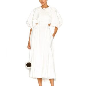 Aje “Revitalise” gathered linen cut-out midi dress